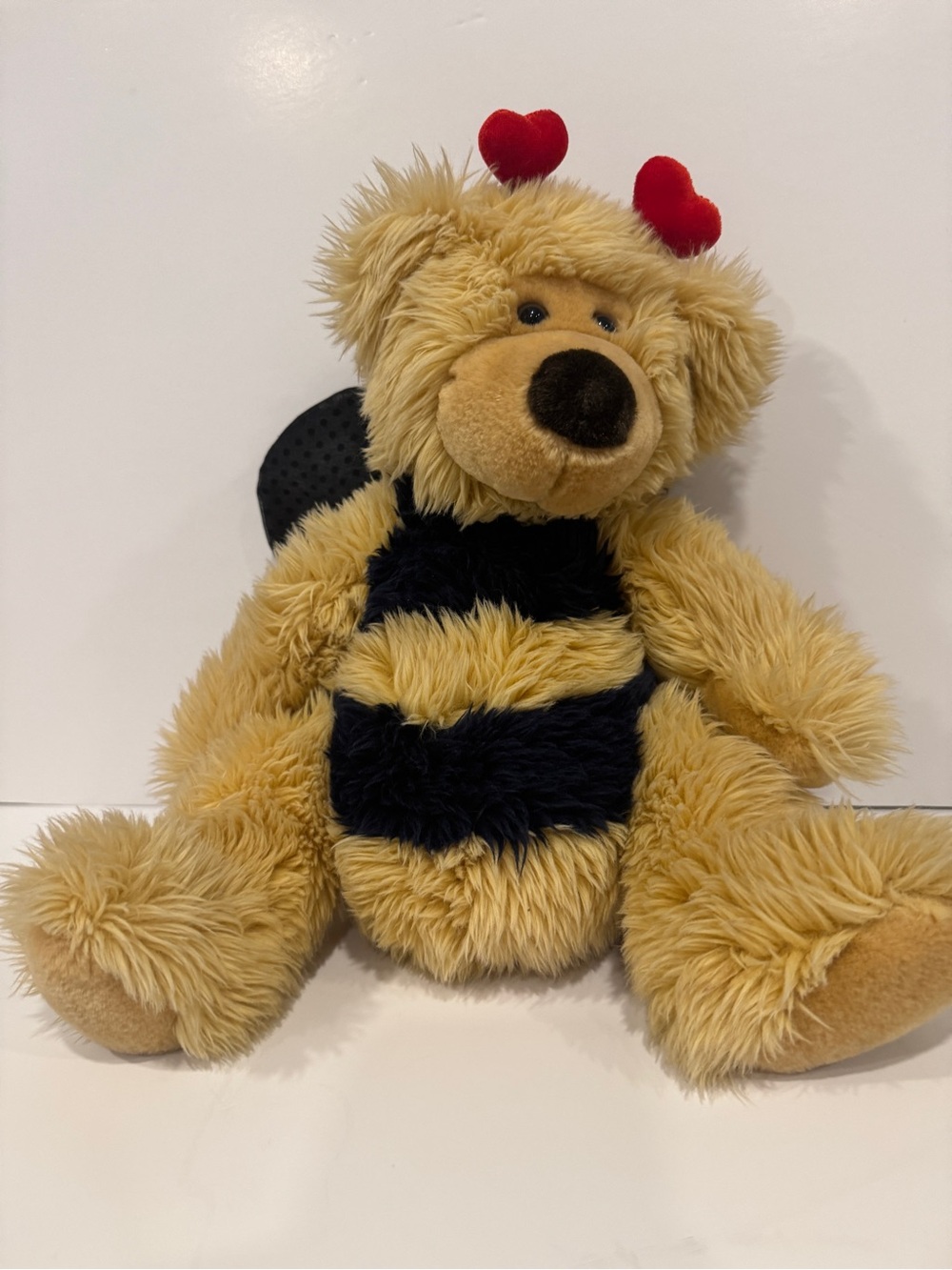 Russ Plush Bee Bear with Red Heart Antennae - Tan and Black